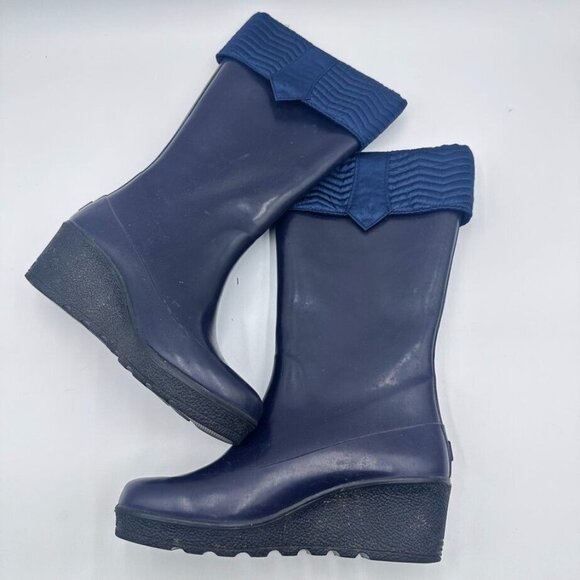 Sperry Boots Women 7 Waterproof Rain Navy Blue 2" Heel Cuff Rubber Anchor Button - Picture 8 of 10